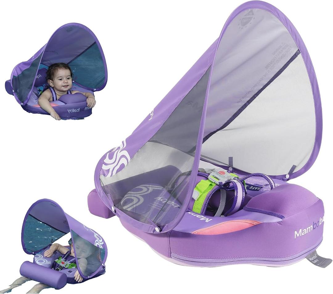 Mambobaby Float Baby Float with Canopy & Tail Non-Inflatable Infant Pool Floats Adjustable Safety Strap Toddler Swim Trainer (Purple), Large For 3-24 months babies
