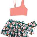 RAISEVERN Girls Swimsuit 3 Piece Bathing Suits Cute Quick Dry Bikini Tankini Sets with Cover Ups Beach Skirt, Size:11 - 12 (Pink Blue)