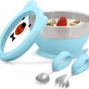 MR. CHOU Suction Baby Bowl Set with Spoon & Fork, Double-Wall 18/8 Stainless Steel Toddler Bowls with BPA Free Airtight Lids, Food Grade Infant Self-Feeding Bowl, First Stage Led Weaning Supplies Blue