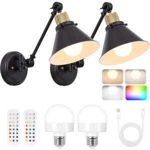 TRLIFE Rechargeable Battery Operated Wall Sconce, Dimmable and Adjustable Color Temperature Wireless Wall Sconces Set of 2 with Remote Control, Swing Arm Wall Mounted Light for Bedroom Bedside Hallway (Black)