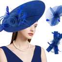 dressfan Wide Brim Fascinator Derby Hats for Women,20s Detachable Flower Hat with Headband for Derby Church Wedding Tea Party (Blue)