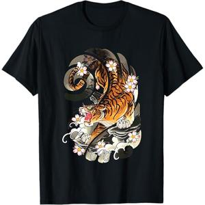 Vintage Japanese Tiger Traditional Asian Cherry Blossom Art T-Shirt, Size XL