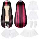 Newcotte 4 Pcs Halloween Vampire Costume Set Pink Black Wig with White Lace Ruffle Collar Lace Gloves Vampire Fake Teeth Fangs Spooky Cute Gothic Halloween Cosplay Accessories for Teenage Women Outfit