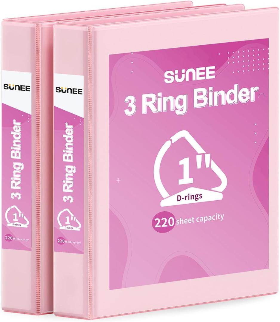 SUNEE 3 Ring Binder 1 Inch D Ring, Clear View Binder Three Ring PVC-Free (Fit 8.5x11 Inches) for School or Office Supplies, Pink, 2 Pack
