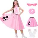 Wizland 5pcs Kid Poodle Skirts 100 Day of School Costume Kids 50s Outfits Costumes Sock Hop Dresses With Socks Scarf Glasses (S 4-6, Pink)