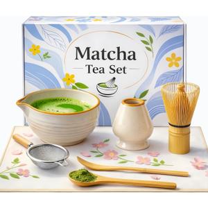 Matcha Set, 7-Piece Japanese Matcha Kit with Ceramic Bowl, Bamboo Whisk, Ceramic Whisk Holder, Stainless Steel Sifter, Chashaku Scoop, Bamboo Spoon and Tea Towel