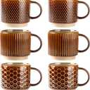 GBhome 12 OZ Stackable Coffee Mugs Set of 6, Ceramic Coffee Cups with Texture Patterns for Man,Woman,Dad,Mom, Modern Coffee Cups for Latte/Cappuccino/Cocoa. Dishwasher&Microwave Safe,Caramel