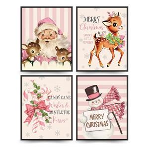 PLKMN Pink Christmas Wall Art Prints Set of 4, Vintage Santa Claus Snowman Wall Art Decor, Merry Christmas Decor for Gallery, Living Room, Bathroom, 8x10 (Unframed)