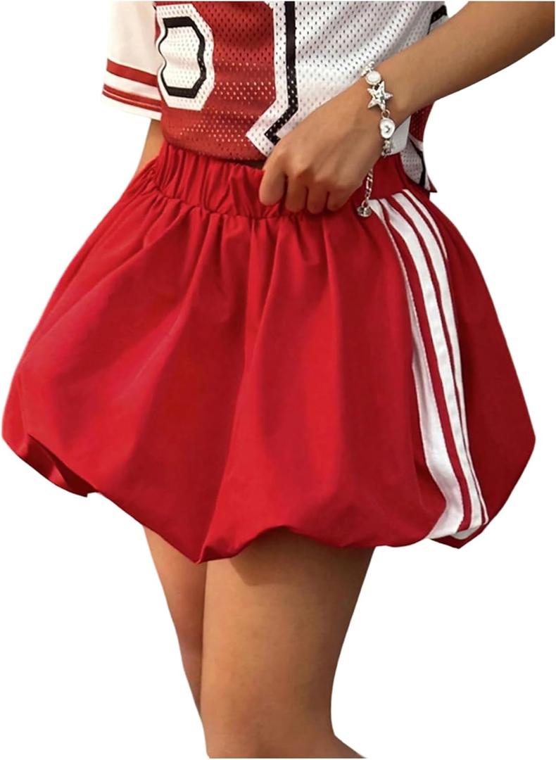 RoseSeek Girl's Striped A Line Bubble Skirts Elastic Waist Y2K Puffy Summer Mini Skirt Red 10Y