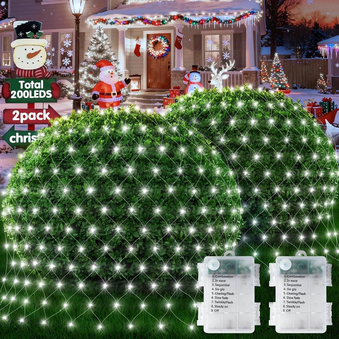 Hezbjiti Pack of 2 Battery Operated Christmas Net Lights Outdoor Total 200LED 5FT x 3.3FT Waterproof Timed Memory Mesh Lights for Xmas Trees Bushes Garden Yard Lawn Patio Christmas Decor (Cool White)