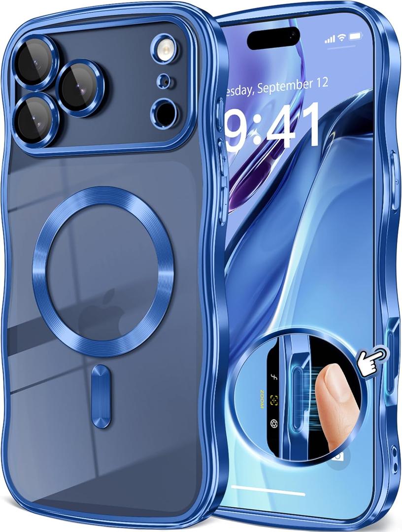 GVIEWIN for iPhone 17 Pro Case Compatible with MagSafe, Upgraded [Full Camera Protection][Cute Wave Frame][Military Grade Protection] Electroplated Hard Phone Cover for Women Girl, Clear/Blue