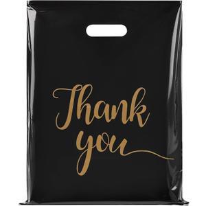 Ohuimrt 100 PCS Thank You Bags for Small Business, 12x15 Extra Thick 2.36 Mil Black Plastic Merchandise Shopping Bags with Handles for Retail, Boutique, Stores, Gifts
