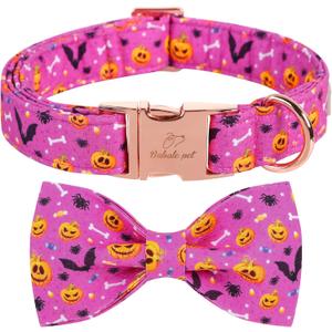 Haloween Dog Collar with Bow Tie - Cute Pumpkin Bat Purple Dog Collars, Adjustable Cotton Metal Buckle Bowtie Collar for Small Medium Large Boy Girl Dogs XL