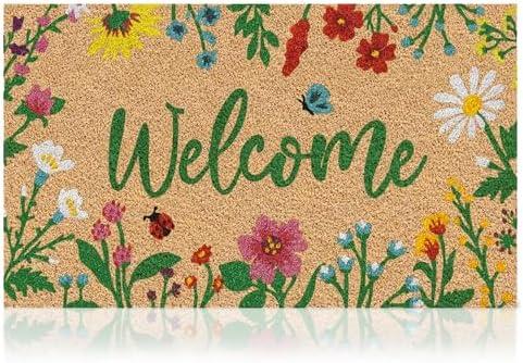 Floral - 17"x29" - Coir Door Mat with Heavy Duty Backing - Welcome Mats for Entryway, Porch - Anti-Slip PVC & Coconut Fiber Surface -Natural Home Accessories, Minimalist Original Design