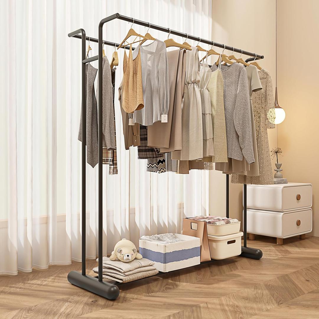 HKaikzo 59.4" Double Rod Metal Garment Rack, Heavy Duty Freestanding Clothing Rack with Bottom Shelf, Modern Sturdy Clothes Rack for Bedroom, Boutique Retail Display & Laundry Room Black