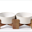 Getstar Ceramic Dog Bowls Set with Acacia Wood Stand, 3.5 Cups Pet Bowls Set of 2 for Medium Dogs, Cute Dog Food Bowl, Cat Bowls
