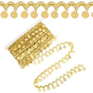 2 Pack 10 Yards Gold Coin Shape Sequin Fringe Trim, Sequins Lace Tassel Gold Trim, 1.37 Inch Width Sequins Fringe for Clothes Decoration, Party Accessories, Sewing Crafts