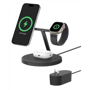 Belkin MagSafe-Compatible Charger, 3-in-1 Wireless Charging Station, Qi2-Certified 15W Wireless Charger for Apple iPhone 16 Series, Apple Watch, AirPods w/Non-Slip Base, 40W Charger Included - Black