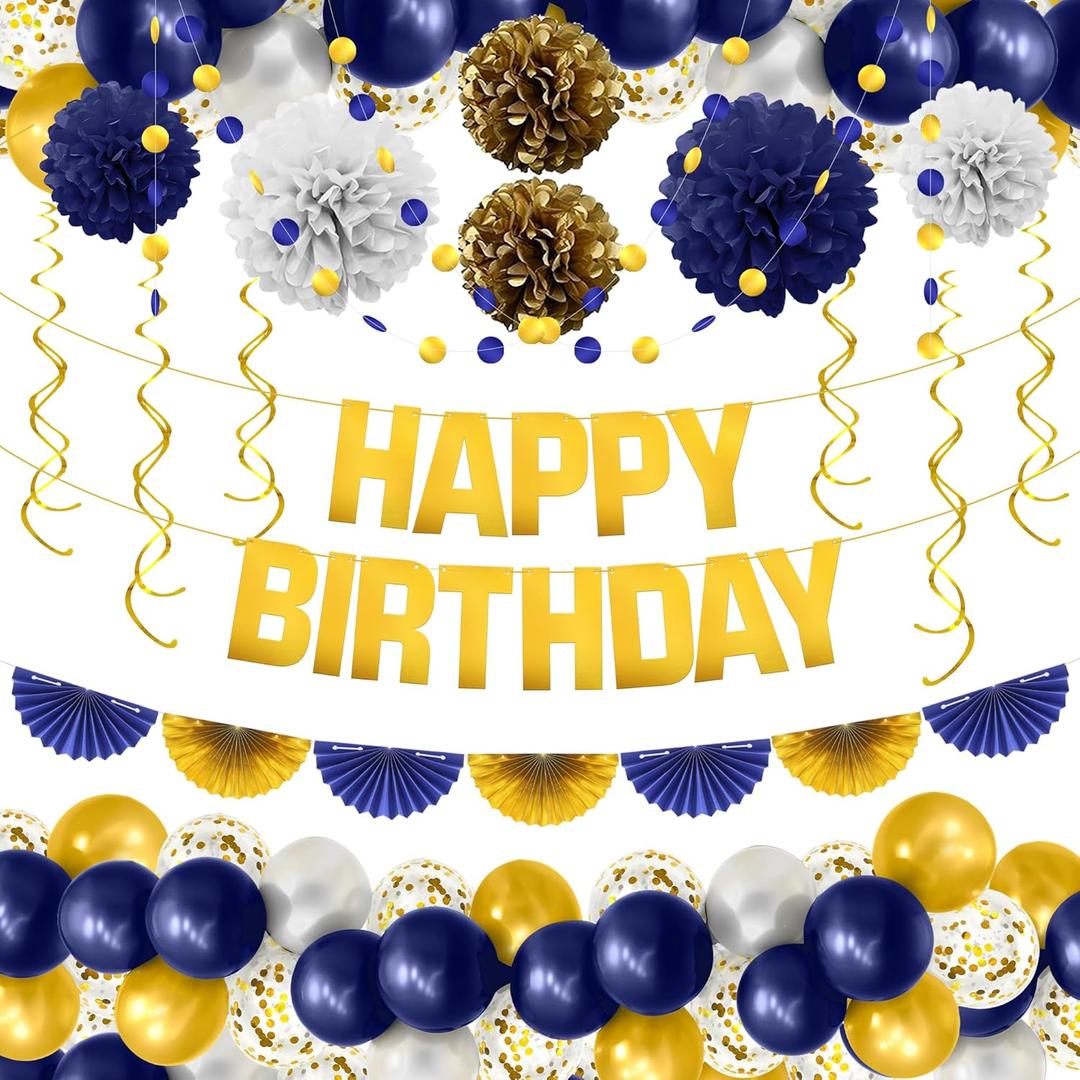 KatchOn, Gold and Blue Birthday Decorations Set - Big, Pack of 47 | Happy Birthday Banner, Balloons, Pom Poms, Swirls | Happy Birthday Decorations | Blue and Gold Party Decorations