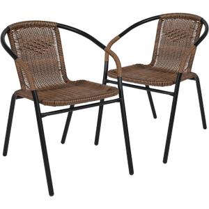 2 x Flash Furniture Lila Modern Rattan Indoor/Outdoor Stackable Dining Chairs, Stacking Rattan Bistro Chairs for Patio or Restaurant, Set of 2, Brown