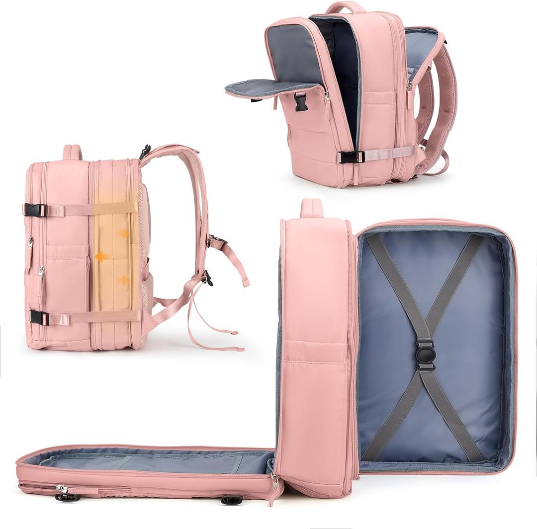 Coowoz Large Travel Backpack For Women Men, Carry On Backpack,Hiking Backpack Waterproof Outdoor Sports Rucksack Casual Daypack Expandable Heavy Duty Extra Large Backpack Pink Expansion (45L)