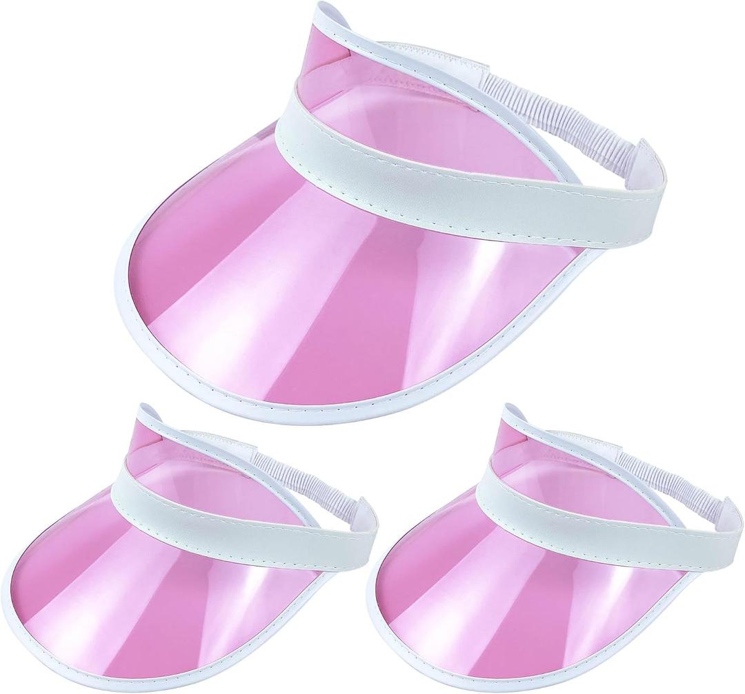 3 Pack Colored Sun Visor Hat Women Men Plastic Clear Visors Hats (Pink)