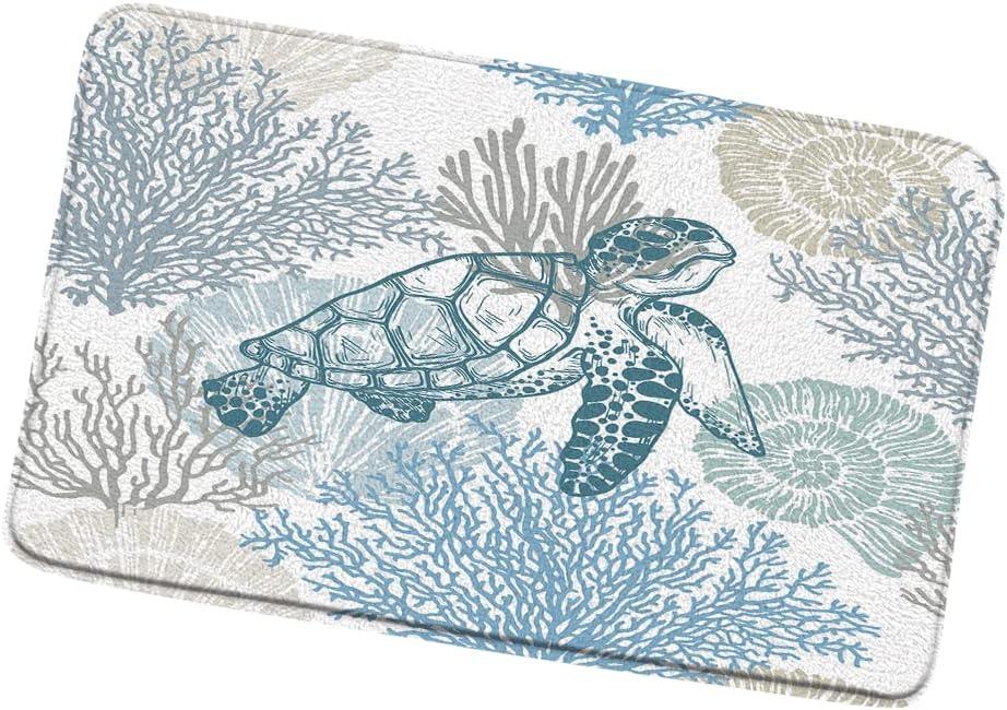 Nautical Coastal Bath Mat Sea Turtle Starfish Seashell Coral Reef Vintage Ocean Beach Themed Marine Life Bathroom Rugs Doormat Kitchen Toilet Floor Carpet 17.8x29.5 Inch (17.8x29.5Inch(45x75cm), Blue)
