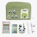 Kawaii Cute Aesthetic Pencil Case 11 PCS Set - Large Capacity Canvas Pen Pouch Bag, Contains 10 Kinds of Accessories Such As Pens, Clips, Rulers and Cute Panda Brooches, Stickers, Pendants