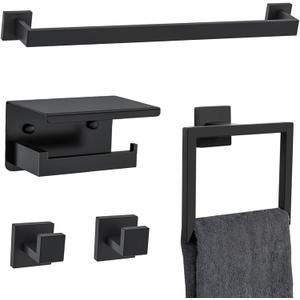 5 Pieces Black Towel Bar Set Bathroom Hardware Accessories Set Upgraded Toilet Paper Holder with Shelf Towel Holder Set for Bathroom Stainless Steel Wall Mounted