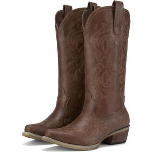 HISEA Rollda Cowboy Boots for Women Western Cowgirl Boots with Chunky Heel Ladies Snip Toe Mid-Calf Boots (Size 7, Bronze)