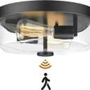 Motion Sensor Ceiling Light Indoor, 2-Light Flush Mount Hallway Lighting Fixtures, Black Modern Farmhouse Ceiling Lamp with Clear Glass for Kitchen Porch Entryway Bedroom Living Room