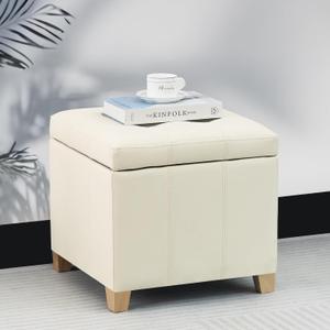 Adeco Faux Leather Storage Ottoman with Hinged Lid, 17.5 Inch High Cream White Square Cube Foot Stool with Storage, Upholstered Vanity Stool with Solid Wood Legs for Living Room, Bedroom, Dorm