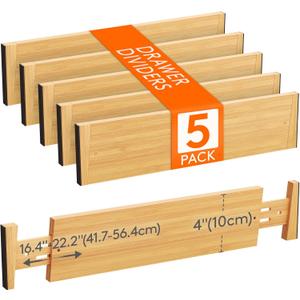 Lifewit 16-22" L x 4" H Drawer Dividers Bamboo 5 Pack, Adjustable Drawer Organizers for Clothes, Expandable Dresser Separators in Bedroom/Bathroom/Kitchen/Fridge/Office Organization and Storage
