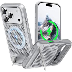 for Magnetic Heat Dissipatio case for iPhone 17 Pro, for MagSafe, Cooling Drop Protection, Adjustable Kickstand case, Ice Armour Cool Matte Material - Silver