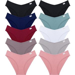 FINETOO Womens Underwear Cotton Bikini Rib Cheeky Panties Sexy V-shaped Waistband Hipster (Medium-Large, Color A(10 Pack))