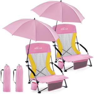 Homcosan Portable Low Folding Beach Chairs Set of 2 with Detachable Umbrellas - Lightweight Camping Chairs for Adults with Cup Holder & Storage Pockets, Carry Bag Included (Pink & Yellow), 2 Packs