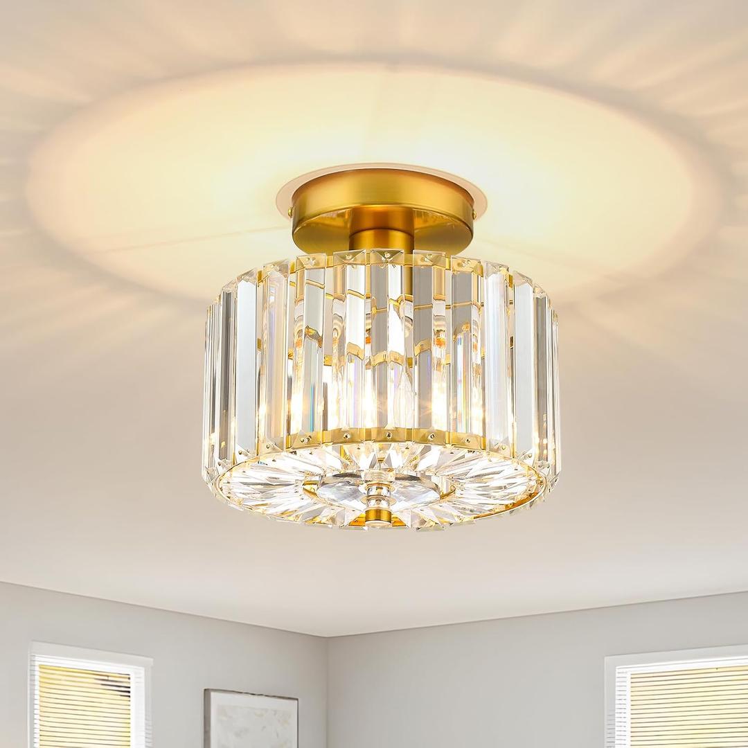 Small Crystal Ceiling Light, Modern Mini Flush Mount Crystal Chandelier, Gold Small Chandelier Light Fixture, Entryway Lighting Fixture for Kitchen Hallway Laundry Room, 1-Light, SF004-1-G (8.89 Inch)