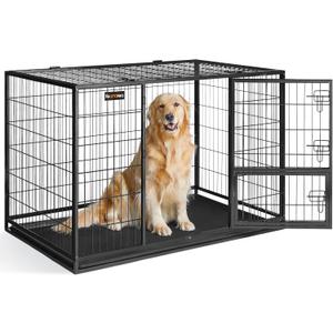 Feandrea 48 Inch Heavy Duty Dog Crate, Metal Escape Proof Dog Kennel with Double Doors and Convenient Feeding Door, Removable Tray, Easy to Clean, XXL Dog Crate for Large and Medium Dogs, Black