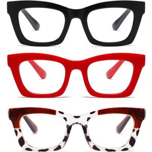 1.5 Hubeye Square Reading Glasses for Women Men Blue Light Blocking Computer Fashion Style Readers with Spring Hinge Black+brown Leopard+red