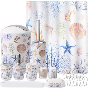 Bathroom Accessories Set Complete with Sea Shower Curtain,10 Piece Bathroom Sets with Toothbrush Holder,Toothbrush Cup,Lotion Soap Dispenser,Soap Dish,Toilet Brush,Trash Can,Qtip Holder