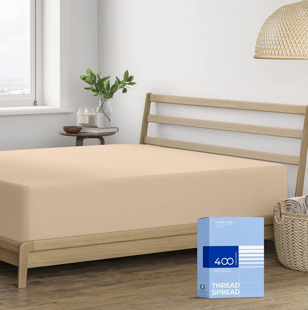 THREAD SPREAD 100% Cotton Fitted Sheet Twin Size - 400 Thread Count 16" Deep Pocket Twin Fitted Sheet Only, Soft Cooling Sateen Weave Elastic Bottom Sheet, Fits College Dorm Mattress, Teens - Taupe