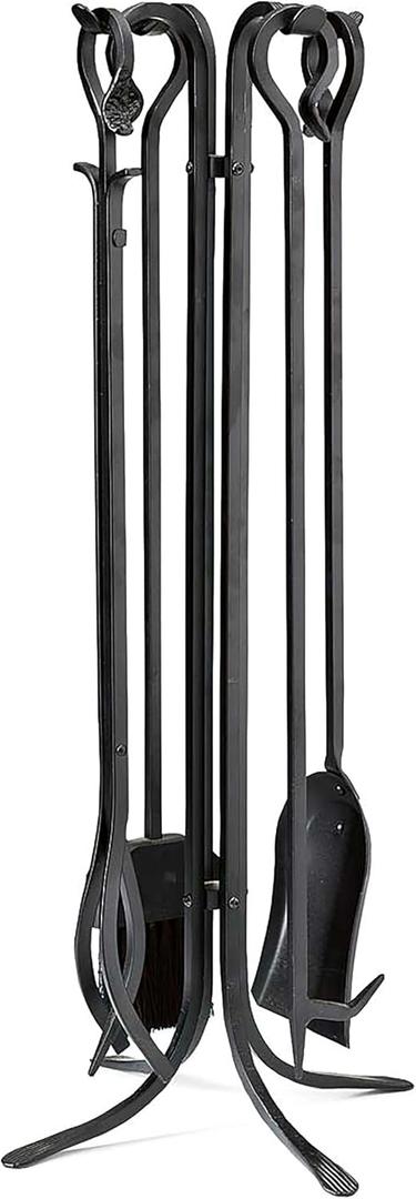 Plow & Hearth 5 Piece Hand Forged Iron Compact Fireplace Tool Set 27.5" | Black Wrought Iron Handle for Outdoor Indoor | Stand Poker Shovel Brush Log Tongs Wood Stove Accessory