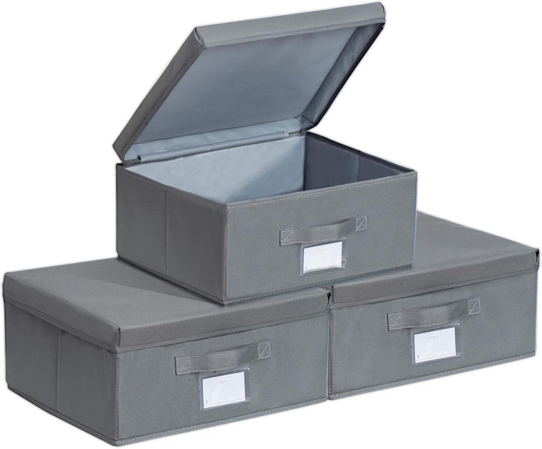 Set of 3 Stackable Storage Bins - Fabric Storage Bins with Lid for DVD Storage, Memory Box, Versatile Closet Storage Bins (Dark Grey, 14.2" L x 12.6" W x 6.3" H)