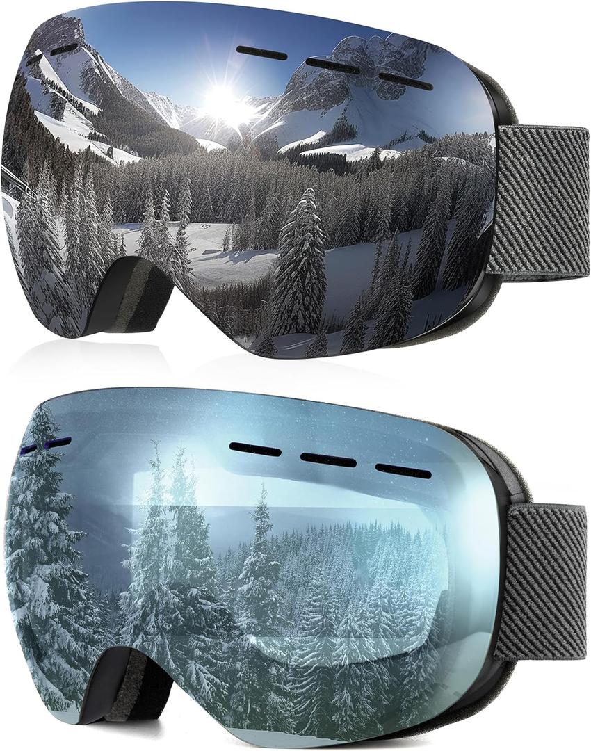 NSSIW Ski Goggles for Men Women Youth, OTG Snowboard Goggles Snow Goggles with Anti Fog and UV Protection Over Glasses 2 Pack (A06 Black/Silver (Vlt 10%) + Black/Clear Blue (Vlt 60% ))