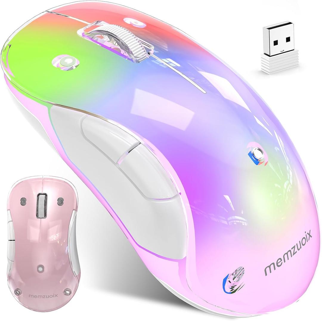 memzuoix 2.4G LED Wireless Mouse, Rechargeable Ergonomic Mouse with Detachable Cover, 1200 DPI Portable Optical Computer Mouse with USB Receiver for Laptop, PC, Desktop and MacBook, 5 Buttons-Pink