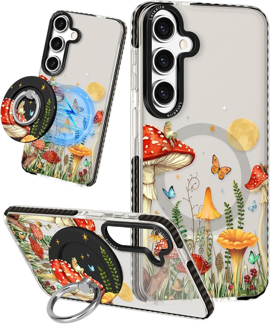 for Samsung Galaxy S24 Plus Case for Women - Girls Cute Design Compatible with Magsafe Magnetic Ring Holder Stand Mushrooms Butterflies Phone Covers Aesthetic Girly TPU Funda for S24 Plus