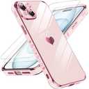 LeYi for iPhone 15 Plus Case: with Tempered Glass Screen Protector [2 Pcs]+ Full Camera Lens Protection,Love Heart Plating Girly Women Luxury Soft TPU Shockproof Case for iPhone 15 Plus,Pink 4Pcs