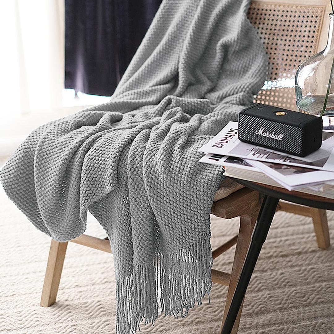 LOMAO Knitted Throw Blanket with Tassels Bubble Textured Lightweight Throws for Couch Cover Home Decor (Light Grey, 60x80) (60x80", Light Grey)