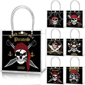 Teenyyou 24 Pcs Pirate Party Favor Bags Pirate Clear PVC Goodie Treat Tote Gift Bags with Handles Theme Birthday Party Supplies