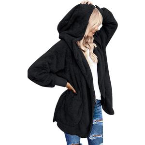 Yanekop Womens Oversized Sherpa Jacket Long Cardigan Sweaters Fuzzy Fleece Jacket Faux Fur Plus Size Coats with Pockets (Medium, B Black)